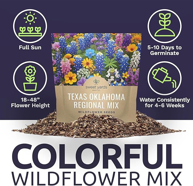 Texas Oklahoma Wildflower Seeds Mixture - Bulk 1 Ounce Packet - Over 15,000 Native Seeds - Open Pollinated and Non GMO