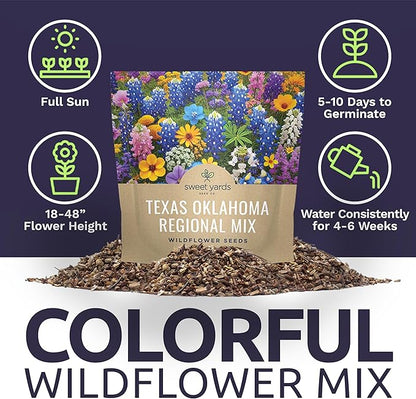 Texas Oklahoma Wildflower Seeds Mixture - Bulk 1 Ounce Packet - Over 15,000 Native Seeds - Open Pollinated and Non GMO