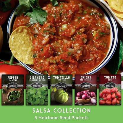 5 Variety Salsa Garden Seed Kit – Seeds for Planting Tomato, Tomatillo, Onion, Jalapeño & Cilantro | Non-GMO Heirloom Collection by Survival Garden Seeds