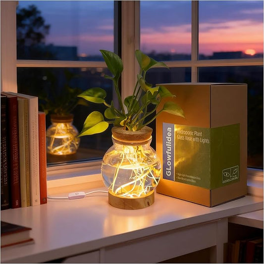 Plant Propagation Station with Light, Glass Planter Station with Waterproof Lighted Wooden Base, Desktop Hydroponic Plants Terrarium, Round Glass Planter for Home Decor & Office Decor