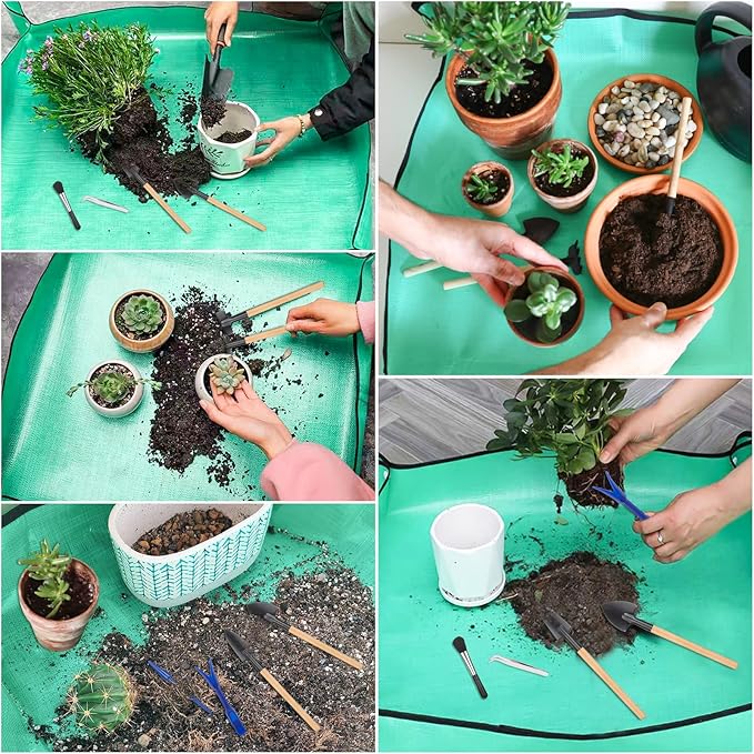 Plant Repotting Mat for Garden, 2 Pcs Waterproof Potting Mat Foldable Indoor Plant Mats Portable Square Gardening Mat Potting Tray with 6 Pcs Mini Garden Tools Set for Plant Lovers Gardening Gifts