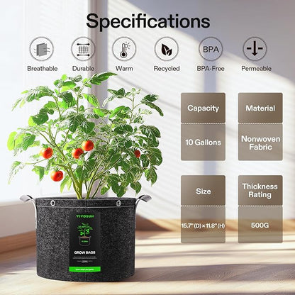 VIVOSUN 5-Pack 10 Gallon Grow Bags, 500G Thick Nonwoven Fabric Pots with Strap Handles, Multi-Purpose Rings, for Low Stress Plant Training Fruits, Vegetables, and Flowers