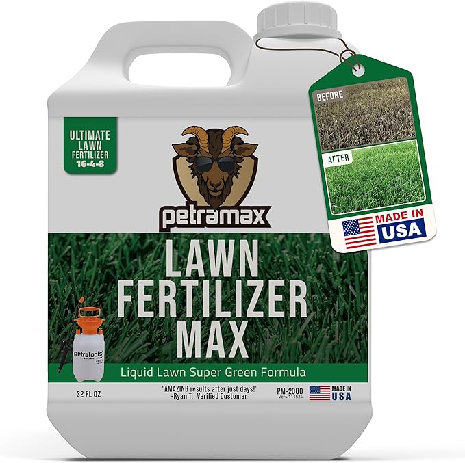 PetraMax Liquid Lawn Fertilizer for Lawns Concentrate - Liquid Fertilizer for Lawns, Food for Grass - 16-4-8 High Nitrogen Lush Green Grass, Phosphorus for Strong Roots - Apply Spring & Summer (32 oz)