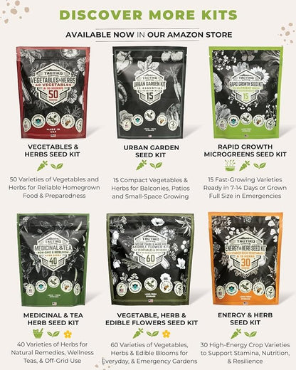 35 Tactiko Edible Flower & Herb Seeds Kit Variety - USA Grown Heirloom Non-GMO Open-Pollinated Seeds for Planting - Indoor Outdoor Gardening - Survival Long-Term Storage - Resealable Mylar Bag