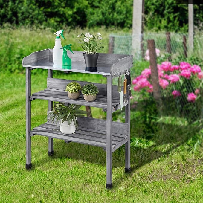 Topeakmart Fir Wood Potting Bench W/Storage Shelf W/Metal Tabletop W/Hook 3 Shelves Potting Table for Outdoor Garden Work Bench Gray