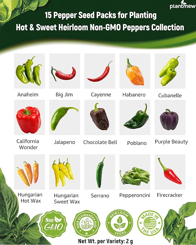 3000+ Heirloom Pepper Seeds Collection - 15 Varieties Non-GMO USA-Sourced Hot & Sweet Seeds for Planting: Cayenne, Cubanelle, Habanero, Poblano, Serrano, Big Jim & Bell for Garden
