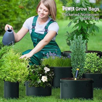 iPower 15-Gallon 10-Pack Grow Bag Thickened Nonwoven Fabric Pots Heavy Duty Aeration Container with Strap Handles for Garden and Planting Vegetable Flowers, Black with Green Stitch Sewing