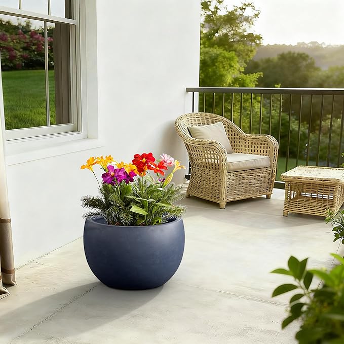 Kante 19.9" Dia Round Concrete Planter, Outdoor/Indoor Large Bowl Plant Pots with Drainage Hole and Rubber Plug for Garden Patio Balcony Home, Charcoal