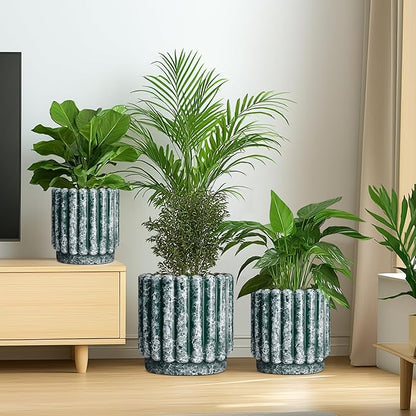 12 Inch Pots for Plants - Ceramic Indoor Planters with Drainage Hole, Decorative Large Planters for Outdoor Plants, Fluted Round Ceramic Flower Pots, Home Patio Decor, Birthday Gifts, Green