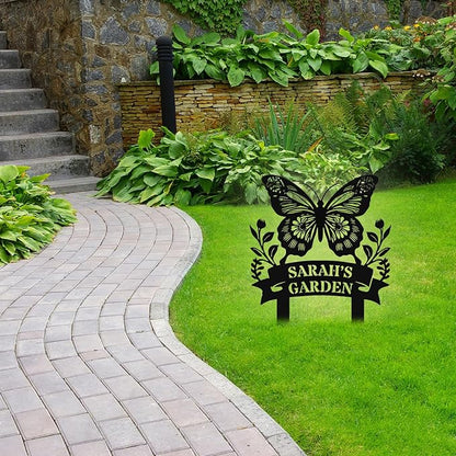 Custom Metal Butterfly Garden Sign with Stake, Personalized Garden Signs for Outside, Customized Garden Name Signs for Yard Lawn Outdoor Decor Gardening Gifts for Moms Grandmas Gardeners