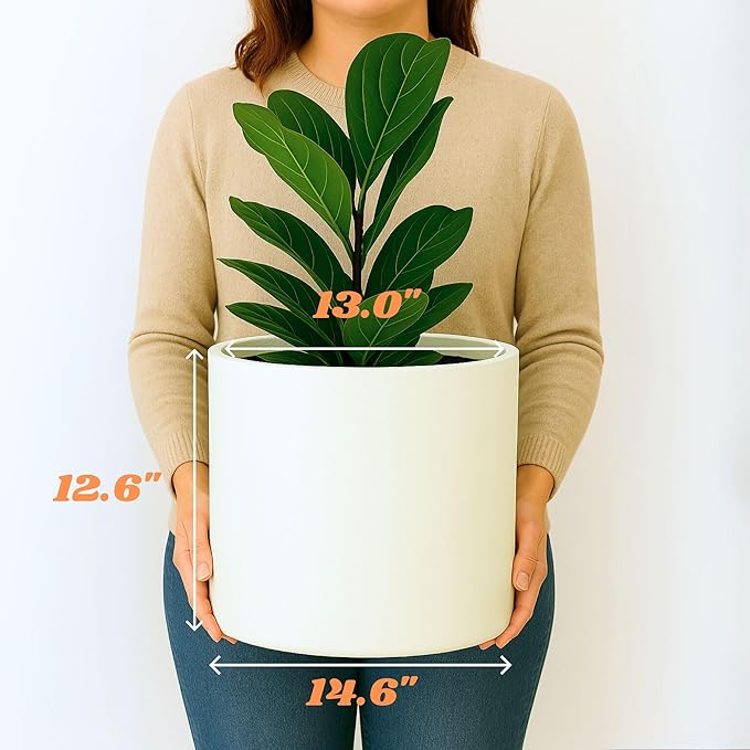 Fox & Fern 14.6 Inch Extra Large Planter — Premium Lightweight Fiberstone Matte White Plant Pot with Drainage Plug - Big Planter for Indoor & Outdoor Use - Weather Resistant & UV Resistant