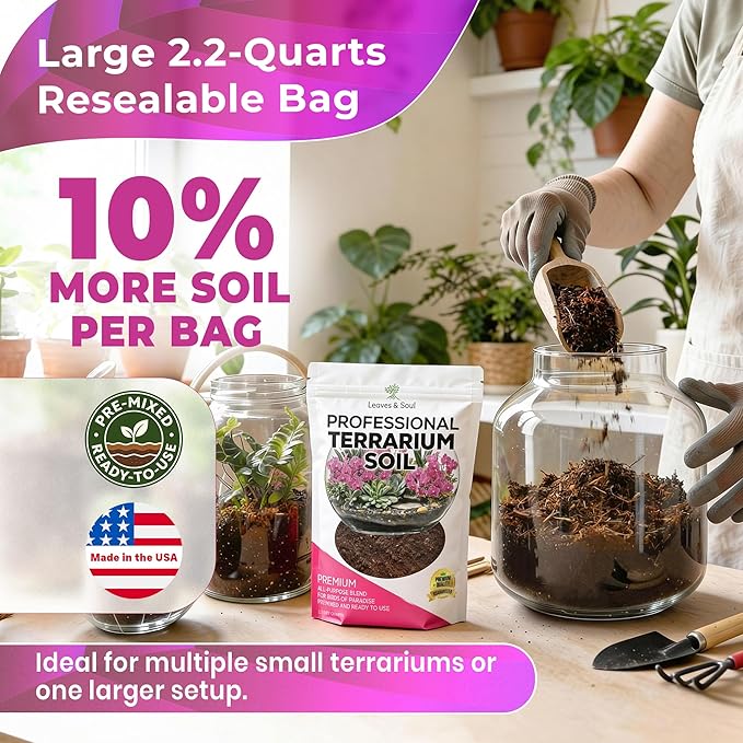 Professional Terrarium Soil | Premium Bedding for Live Succulents, Cacti and Aloe Plants | Large 2.2 Quarts | Ready to Use | Pine Bark, Peat, Course Sand | Made in USA