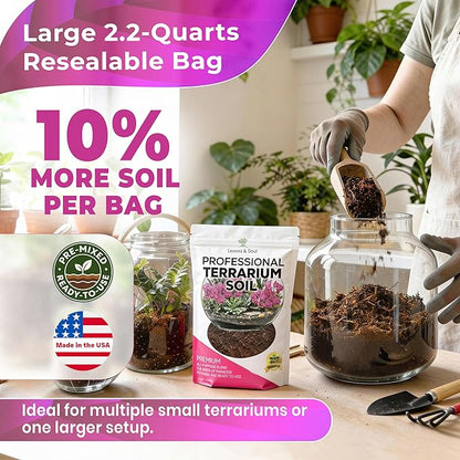 Professional Terrarium Soil | Premium Bedding for Live Succulents, Cacti and Aloe Plants | Large 2.2 Quarts | Ready to Use | Pine Bark, Peat, Course Sand | Made in USA