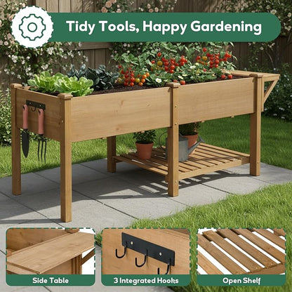 PetsCosset Raised Garden Bed with Legs, Wood Elevated Planter Box with Storage Shelf & Bed Liner, Hanging Hooks for Vegetables Flowers Herbs, Outdoor Patio & Backyard Use