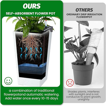 22.5'' Tall Planters for Outdoor & Indoor, Self Watering Plant Pots Set of 2 with Water Level Monitor & Drainage, Automatic Watering for Patio Garden, White