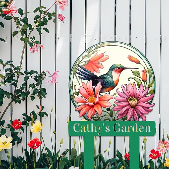 Custom Flowers Bird Garden Sign, Personalized Hummingbird Bird Flowers Garden Stake Metal Sign Garden Decor Sign Yard Art with Stakes, Customized Gardener Name Sign Flower Sign Plaque