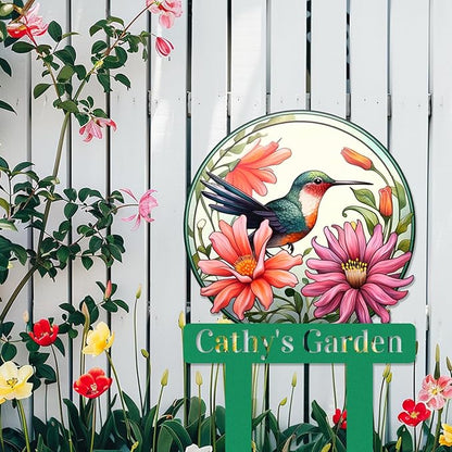 Custom Flowers Bird Garden Sign, Personalized Hummingbird Bird Flowers Garden Stake Metal Sign Garden Decor Sign Yard Art with Stakes, Customized Gardener Name Sign Flower Sign Plaque