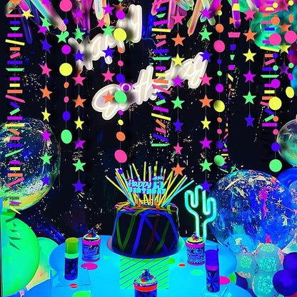 96ft UV Neon Paper Garland Round dot Star Rectangle kit Neon Decor Banners for Glow Party Supplies, UV Reactive Glow in The Dark Streamers for Birthday neon Party Decorations Black Party Supplies…