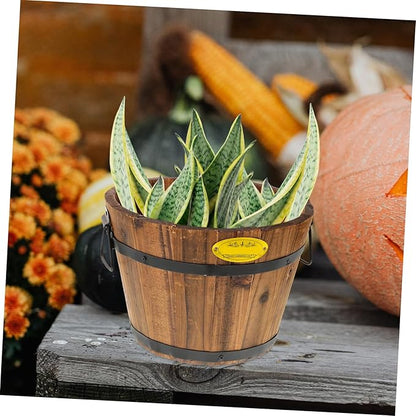 DOITOOL Wooden Barrel Planter 10.2 Inch Round Whiskey Barrel Flower Pot Rustic Wooden Flower Bucket with Handle for Indoor Outdoor Garden Balcony