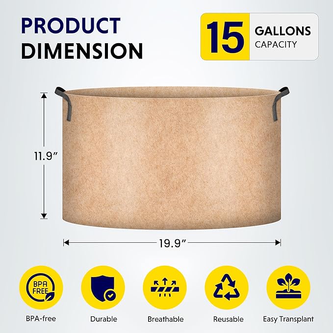 iPower 15 Gallon 10 Pack Grow Bags Nonwoven Fabric Pots Aeration Container with Strap Handles for Garden and Planting, 10-Pack Tan, 15 Gallon