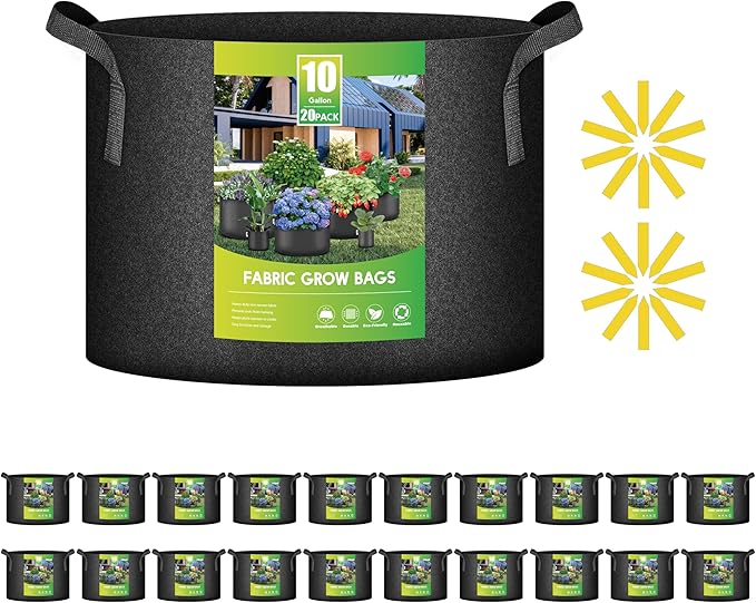 iPower 20-Pack 10 Gallon Grow Bags 300G Thick Nonwoven Aeration Fabric Pots Heavy Duty Plant Containers with Handles for Garden Planting, Black