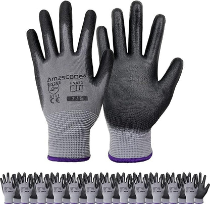 Work Gloves-PU Coated,12 Pairs,Thin Garden Gloves for Men Women,Ideal for Light Duty Work