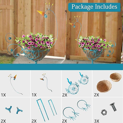 J-Fly Peacock Metal Plant Stand 2 Sets Flower Pots Holders, Planters for Outdoor Indoor Plants with Coconut Pots, Front Porch Garden Balcony Patio Decor for Plant, Valentine Decoration Gifts