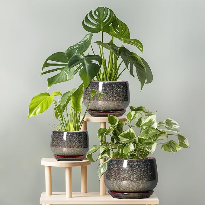 G EPGardening Ceramic Planters - 9 Inch Ceramic Pots for Plants Indoor Outdoor, Round Planter with Drainage and Saucer, Modern Indoor Flower Pots, House Room Decor, Gift for Women Men, Speckled Brown