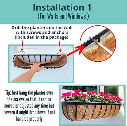 LaLaGreen Deck Railing Planter Boxes for Plants (24 Inch, 6 Pack) Metal Wall Planters for Outdoor Plants, Black Window Flower Boxes Deck Railings with Coco Liner Fence Balcony Patio Porch Over Rail