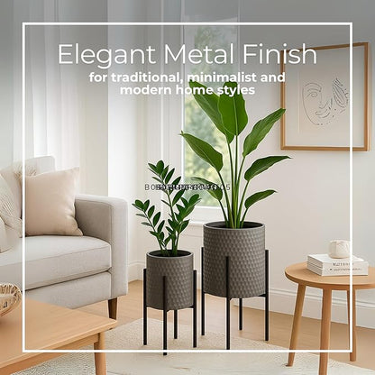 Decorative Flower Pots with Metal Stand for Home Decor - Modern Planters for Hallway, Entryway, and Living Room Decor - Indoor and Outdoor Pots for Plants - Set of 2, 23", 19", Gray & Black