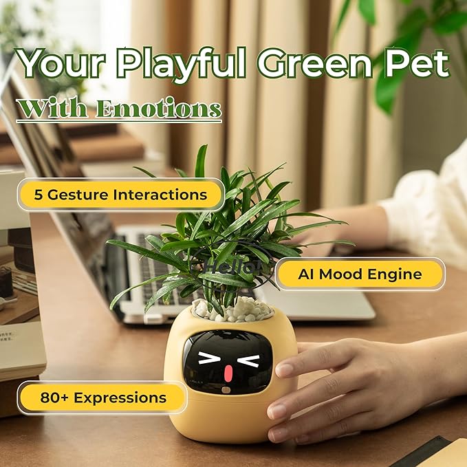 Ivy AI Smart Plant Pot with Emoji Intelligent Planter Robot for Houseplants Tamagotchi Flower Pot Stylish Plantagotchi Home Decor(Lemon)
