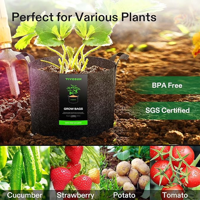 VIVOSUN 20-Pack 3 Gallon Grow Bags, Heavy Duty Thickened Nonwoven Fabric Pots with Handles for Flowers Fruits and Vegetables Black
