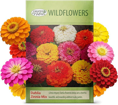 Created By Nature, Dahlia Zinnia Wildflower Seed Mix, Red, Pink, Orange, Yellow, Purple, and White Annual Flower Seeds, 2,125 Wildflower Seeds Bulk for Pollinator Gardens (Zinnia elegans)