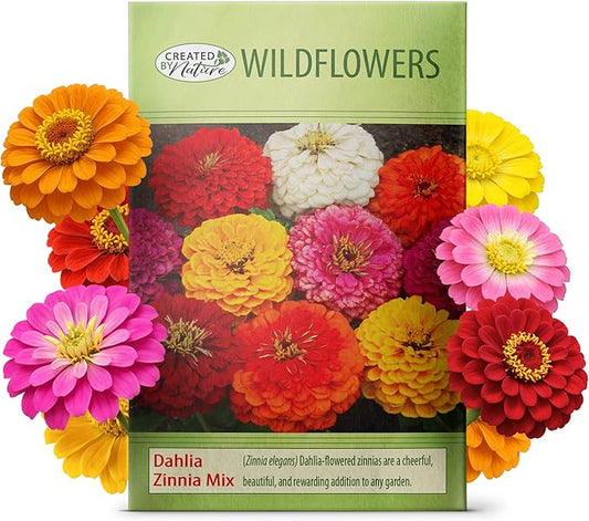 Created By Nature, Dahlia Zinnia Wildflower Seed Mix, Red, Pink, Orange, Yellow, Purple, and White Annual Flower Seeds, 2,125 Wildflower Seeds Bulk for Pollinator Gardens (Zinnia elegans)