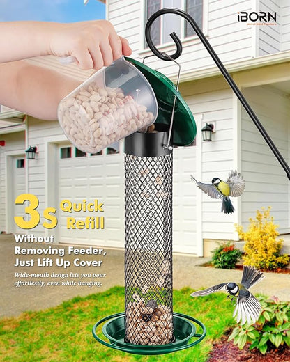 iBorn Peanut Bird Feeder,Sunflower Seed Feeder,13.5 Inch Metal Mesh Tube Bird Feeders for Outdoors Hanging,Squirrel Proof Birdfeeders for Peanut with 17cm Weatherproof Roof & Tray,2 LB Capacity,Green