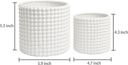 MyGift 6 Inch Ceramic Round Planter Pot, Set of 2 Vintage-Style White Ceramic Flower Pots, Indoor Hobnail Textured Cylindrical Succulent Plant Containers