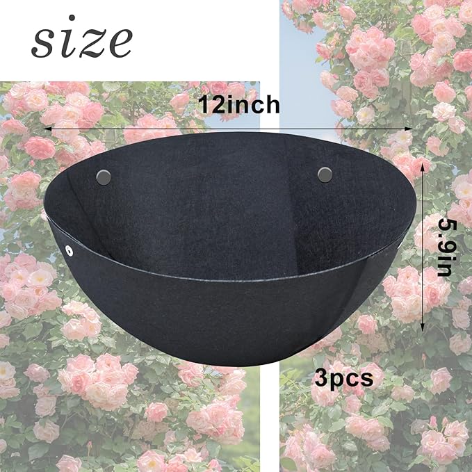 Hanging Basket Liners - 3PCS, 12 Inch Round, Non-Woven, Black Felt, Replacement Inserts for Hanging Baskets, Outdoor Plants - Avoid Bird Nesting