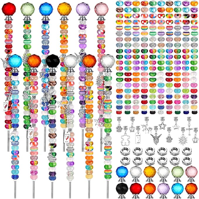Tigeen 236 Pcs Garden Stake DIY Fairy Wand Plant Stake with 12 Colorful Crystal Stopper Top 12 Threaded Rod with 200 Large Hole Bead for Spring Summer Holiday Outdoor Decorations(Modern)