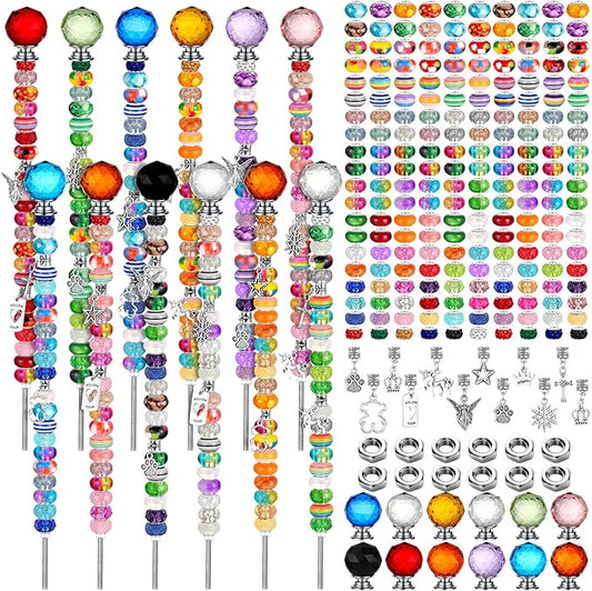 Tigeen 236 Pcs Garden Stake DIY Fairy Wand Plant Stake with 12 Colorful Crystal Stopper Top 12 Threaded Rod with 200 Large Hole Bead for Spring Summer Holiday Outdoor Decorations(Modern)