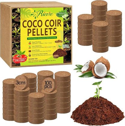 Riare 100 Pcs 30mm Organic Coco Coir Seed Starter Soil, Compressed Coconut Coir Potting Soil Mix for Seed Starting, Coconut Fiber Pellet for Planting Indoor & Outdoor Plants, Vegetables, Garden