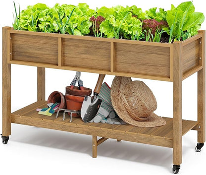 DWVO 47x18x31in Raised Garden Bed Outdoor HDPE with Legs and Lockable Wheels, Weather-Resistant Poly-Wood Elevated Planter Box, Double Tier Planters for Backyard Patio Balcony, Brown