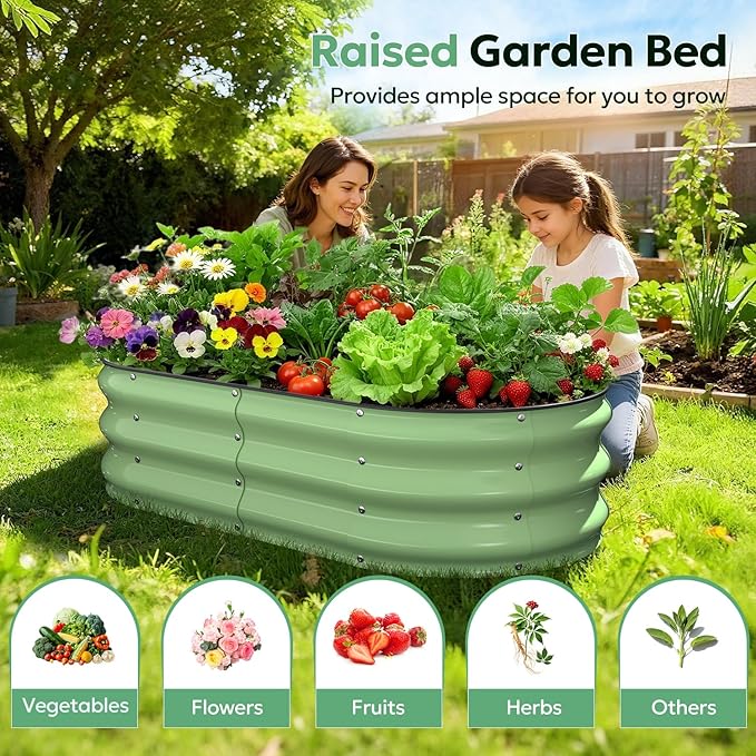 Raised Garden Bed 4×2×1 FT, Galvanized Metal Raised Planter Box, Vegetable Planting Container with Safety Edge Trim, Hardware & Gloves Included, Fruit Green for Backyard Patio Balcony