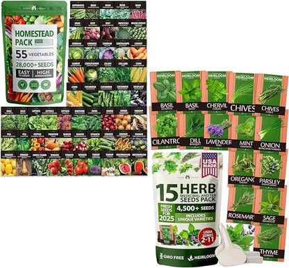 55 Vegetable Seeds & 15 Culinary Herb Seeds Pack – 32,500+ USA Non-GMO Heirloom Seeds for Planting – Survival Garden Kit for Preppers – Gifts for Gardeners Men Women