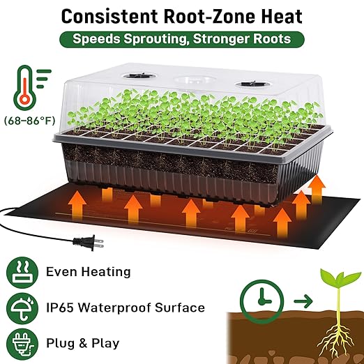 60-Cell Self-Watering Seed Starter Kit with Grow Light and Heat Mat, Seedling Tray with Humidity Dome, Indoor Plant Germination Tray for Beginners - Grow Tomatoes, Peppers, Herbs & Flowers