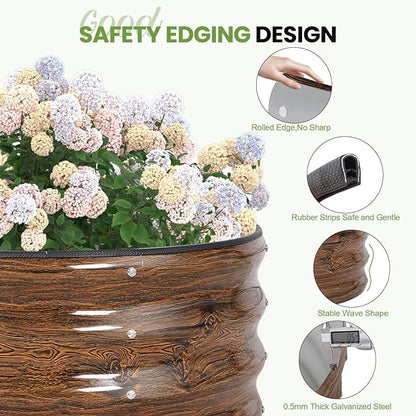 G GOOD GAIN Round Raised Garden Bed - 2Pcs 2x2x1ft Galvanized Steel Planter Boxes Outdoor with Rubber Edge Trim | Metal Raised Beds for Gardening Vegetables Flowers Fruits Herbs (Wood Grain)