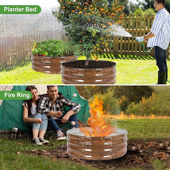 Galvanized Raised Garden Bed- 2Pcs Metal Planter Boxes Outdoor | 12" Tall 36" Round Steel Raised Bed Kit & Fire Pit Ring for Gardening with Protective Tape for Vegetables (Wood Grain)