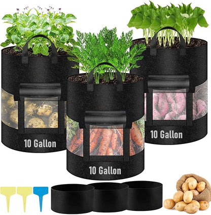 3 Pack 10 Gallon 360°Visible Potato Grow Bags,Heavy Duty Thickened Nonwoven Fabric Planter Bags with 2 Clear Harvest Windows&Removable Shading Cover,Reinforced Handles,Vegetable Grow Bags with Labels