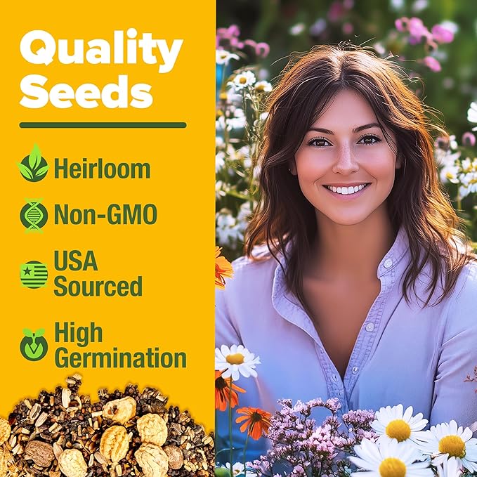 HOME GROWN 90,000+ Wildflower Seeds Mix 3oz 24 Varieties Non-GMO Perennial Flower Seeds for Planting Outdoors Butterfly & Pollinator Flower Mix Attract Bees Birds & Hummingbirds