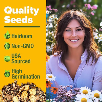 Home Grown Premium Wildflower Seeds Bulk - 60,600+ Perennial Flower Seeds Mix for Planting Outdoors - 24 Variety Wildflower Seed Mix - Attracts Bees, Butterflies & Birds - 2oz Wild Flower Seeds