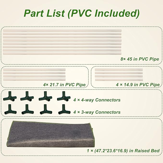 Gardzen Raised Grow Bed with PVC Frame - 47.2"x23.5"x16.9" Breathable Planter Raised Bed, No-Till Design, Includes Pipes & Connectors, Air-Pruning for Healthier Plants